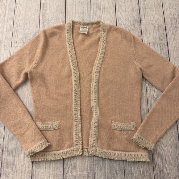 CHANEL Sweaters - CHANEL 03A Pink 100% Cashmere Fringe Trim Open Front Cardigan Sweater Size 42